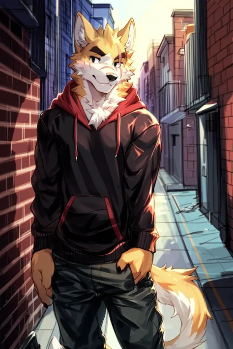 copperrtf, masterpiece, best quality, absurd res, by kiyosan, by null-ghost, furry, dog, male, muscular, solo, hoodie, pants, black pupils, black eyes, thick eyebrows, orange fur, brown fur, (scar on eye:0.9), looking at viewer, detailed fur, fluffy, tail, detailed background, alley, <lora:cp1:1> <lora:add_detail:0.3>