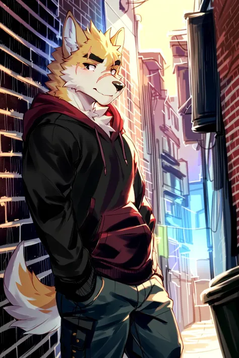 copperrtf, masterpiece, best quality, absurd res, by kiyosan, by null-ghost, furry, dog, male, muscular, solo, hoodie, pants, black pupils, black eyes, thick eyebrows, orange fur, brown fur, (scar on eye:0.9), looking aside, detailed fur, fluffy, tail, detailed background, alley, <lora:cp1:1>