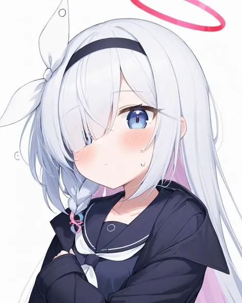 1girl, anime girl, silver hair, long twintails, silver eyes, white background, closed mouth small smile, grinning eyes