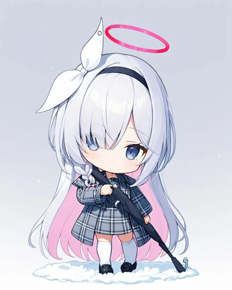 plana \(blue archive\),1girl, solo, hair_over_one_eye, halo, chibi, white_background, holding_umbrella, full_body, white_socks, looking_at_viewer, grey_dress, gun, closed_mouth, black_footwear, simple_background, standing, long_sleeves, snow, black_hairband, plaid_dress, braid, shoes, holding_weapon, kneehighs, ribbon
<lora:plana_(blue_archive)_image5824_2023-12-03-000009:1>halo. gorgeous,key visual, vibrant, studio anime,award-winning, professional, highly detailed,high budget, cinemascope