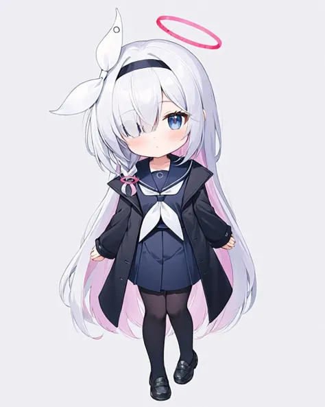 plana \(blue archive\),1girl, solo, halo, white_background, full_body, black_skirt, simple_background, pleated_skirt, black_footwear, hair_over_one_eye, long_sleeves, looking_at_viewer, shoes, paper, black_pantyhose, sailor_collar, black_serafuku, chibi, white_neckerchief, blush, black_shirt, holding, bow_hairband, closed_mouth, coat, white_hairband, hair_ribbon, sleeves_past_wrists
<lora:plana_(blue_archive)_image5824_2023-12-03-000009:1>halo. gorgeous,key visual, vibrant, studio anime,award-winning, professional, highly detailed,high budget, cinemascope