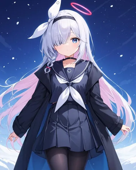 plana \(blue archive\),1girl, solo, hair_over_one_eye, black_skirt, long_sleeves, black_hairband, shirt, braid, open_clothes, black_serafuku, black_sailor_collar, looking_at_viewer, pleated_skirt, closed_mouth, hair_ribbon, white_neckerchief, black_jacket, collarbone, black_choker, coat, black_pantyhose, snow
<lora:plana_(blue_archive)_image5824_2023-12-03-000009:1>halo. gorgeous,key visual, vibrant, studio anime,award-winning, professional, highly detailed,high budget, cinemascope