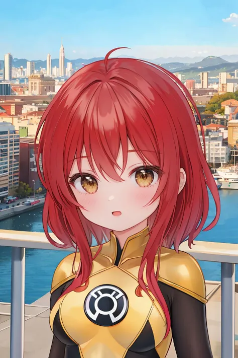 masterpiece, best quality, 1girl, red hair, brown eyes, yellow lantern costume, cityscape background <lora:Yellow Lantern Costume_v1:1>