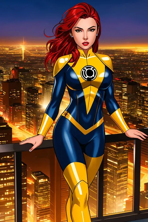 masterpiece, best quality, 1girl, red hair, brown eyes, yellow lantern costume, cityscape background <lora:Yellow Lantern Costume_v1:1>