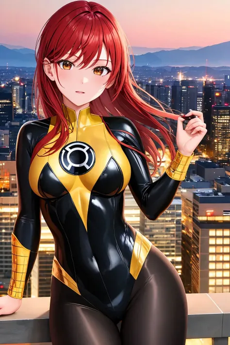 masterpiece, best quality, 1girl, red hair, brown eyes, yellow lantern costume, cityscape background <lora:Yellow Lantern Costume_v1:1>