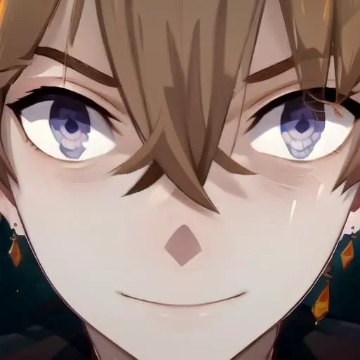 <lyco:wreidangle-08:1> wreidangle, solo, looking at viewer, smile, bangs, blue eyes, brown hair, 1boy, hair between eyes, jewelry, closed mouth, male focus, earrings, orange hair, portrait, close-up, single earring, crossed bangs