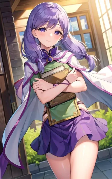 (masterpiece:1.2),( best quality:1.1), 1girl, ilyana fe, purple hair ,green shirt, purple skirt, cape, ribbon, cowboy shot, smile, (bare thigh:1.1) ,hold a closed yellow book with both arms, <lora:ilyana-fef:0.8>