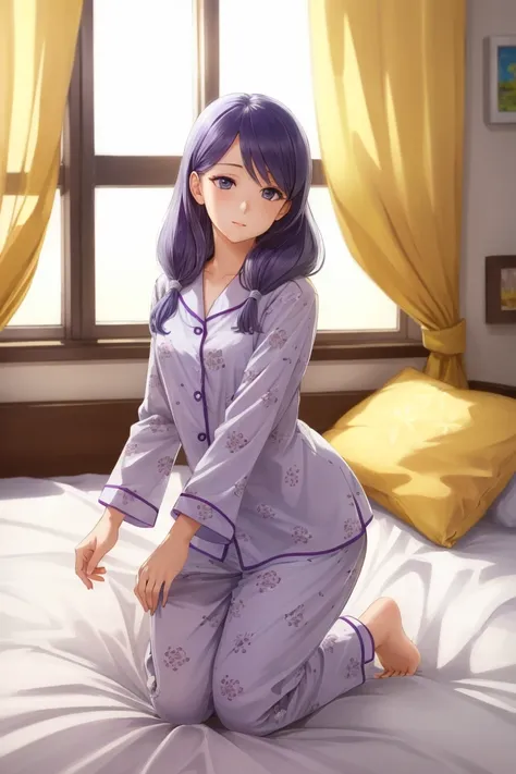 Fille d’anime aux cheveux longs assise sur le lit, oreilles de chat, Du front des filles, mignon anime waifu portant de beaux vêtements, séduisante fille d’anime, divinité aux cheveux blancs, Détails exquis. en robe, Anime 4K