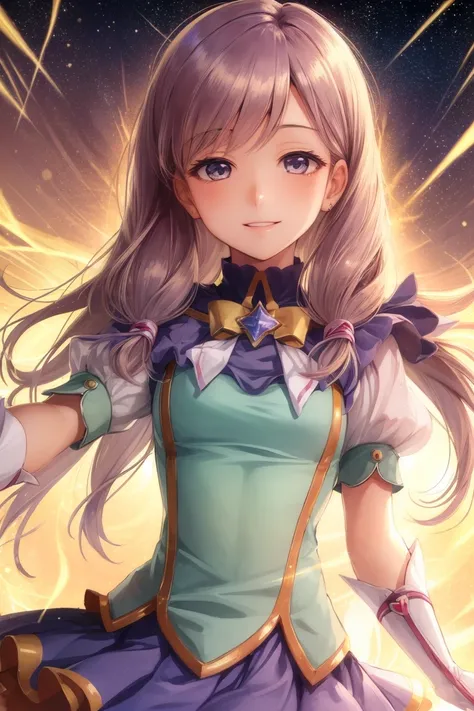 (masterpiece, best quality), extremely beautiful detailed anime face, depth of field, ultra-detailed, 1girl, ilyana fe, 1 piece, cute and girly, ((magical girl)), frills, smile, radiant, ribbon, upper body, cosmic mesh background, looking at viewer, dynamic pose
