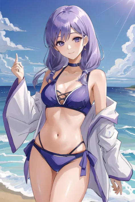 <lora:ilyana-10:0.8>, ilyana fe, 1girl, solo, looking at viewer, beach setting, purple bikini, purple hair, seductive smile, cowboy shot, midriff, thick thighs, ribbon