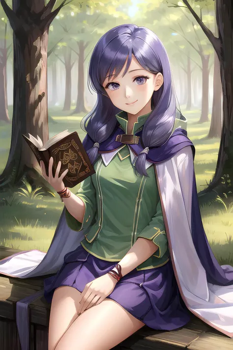 <lora:ilyana-10:0.8>, ilyana fe, 1girl, solo, looking at viewer, green shirt, purple skirt, cape, ribbon, forest setting, sitting, seductive smile, holding book