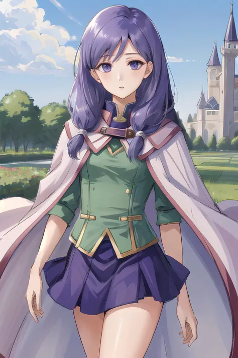 <lora:ilyana-10:0.8>, ilyana fe, 1girl, solo, looking at viewer, castle setting, green shirt, purple hair, purple skirt, ribbon, cape, expressionless
