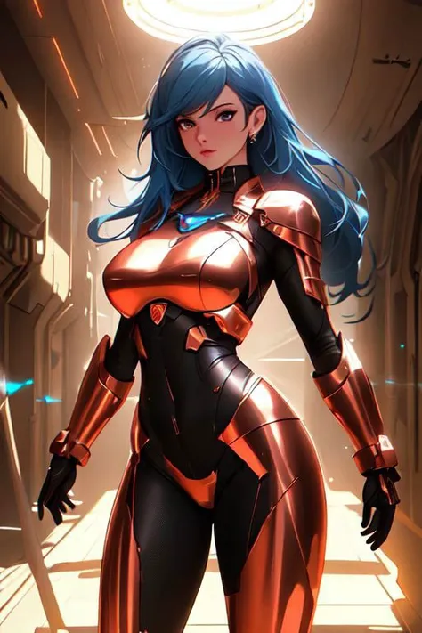 (masterpiece), (best quality), expressive eyes, perfect face, (half-body) focus portrait of a gorgeous woman, futuristic, copperpunk, shinny bikini copper armor, in a big high-tech room, vitral, sun-rays, reflective, sci-fi, goddess, 8k, (insanely detailed), sharp focus, complementary colors, elegance, insane skin details, high quality model, cinematic lighting, volumetric lighting, detailed background, beautiful landscape, rich deep colors, epic, artwork, ultra definition, curvy, busty