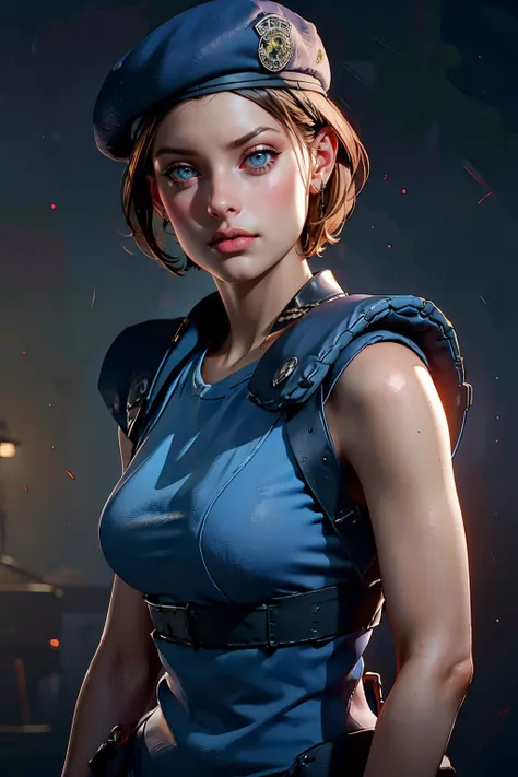 ,
masterpiece, best quality, 1girl, soft shading, detailed, semi-realistic, ((jillvoth)), resident evil, beret, shoulder pads, blue military uniform, shirt, gothic, night, (((low-key lighting, dimly lit))))), dark, mansion, variations, dirty clothes,