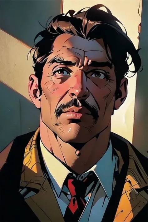 (masterpiece, best quality:1.4), (aesthetic, perfect:1.2), (realistic:1.3), cinematic shot, cinematic lighting, (1man), (shady man looking like salvatore dali), scary looking, older guy, weak and skinny, (wearing old coat), brown eyes, half body shot, (cinematic lighting, sunlight, perfect lighting, backlighting), eye-level shot, naughty look, looking at viewer