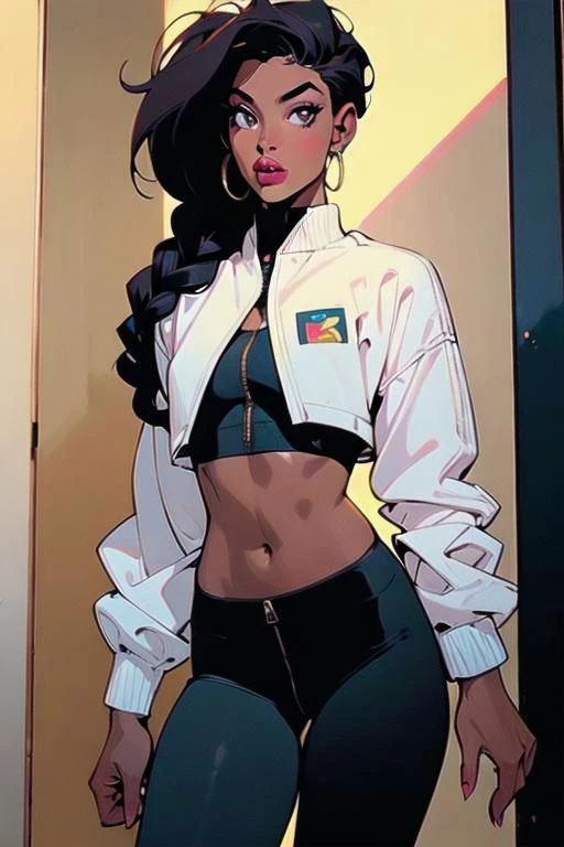 (masterpiece, best quality:1.4), (beautiful, aesthetic, perfect, delicate, intricate:1.2) (mature), full body shot, (realistic:1.3), (athletic black police woman wearing crop top), (1girl), (braids hairstyle), (open eyes, looking fierce), (dreadlocks hair style, african hair), ebony, african woman, (small breasts, fit body), dark eyes, dark skin, big lips, (medium size breasts), (cinematic lighting, sunlight, perfect lighting, backlighting), eye-level shot, naughty look, looking at viewer