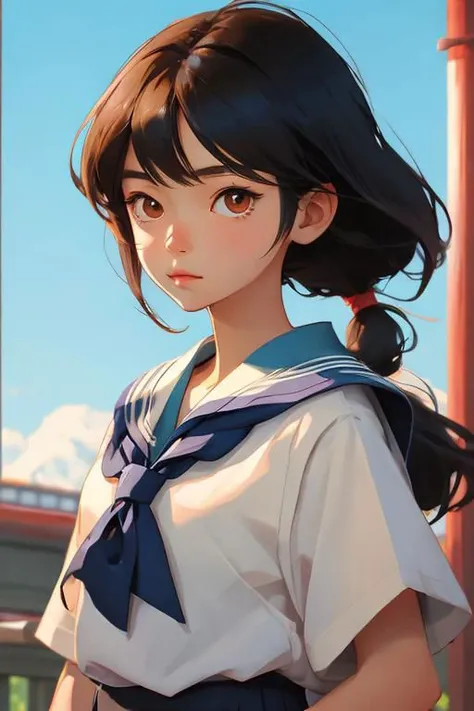 Style of realistic anime, Japanese, female teenager, average height, light complexion, long, straight black hair, round face with innocent features, gentle brown eyes, modest school uniform with a classic sailor collar, often depicted in a typical Japanese high school setting.
