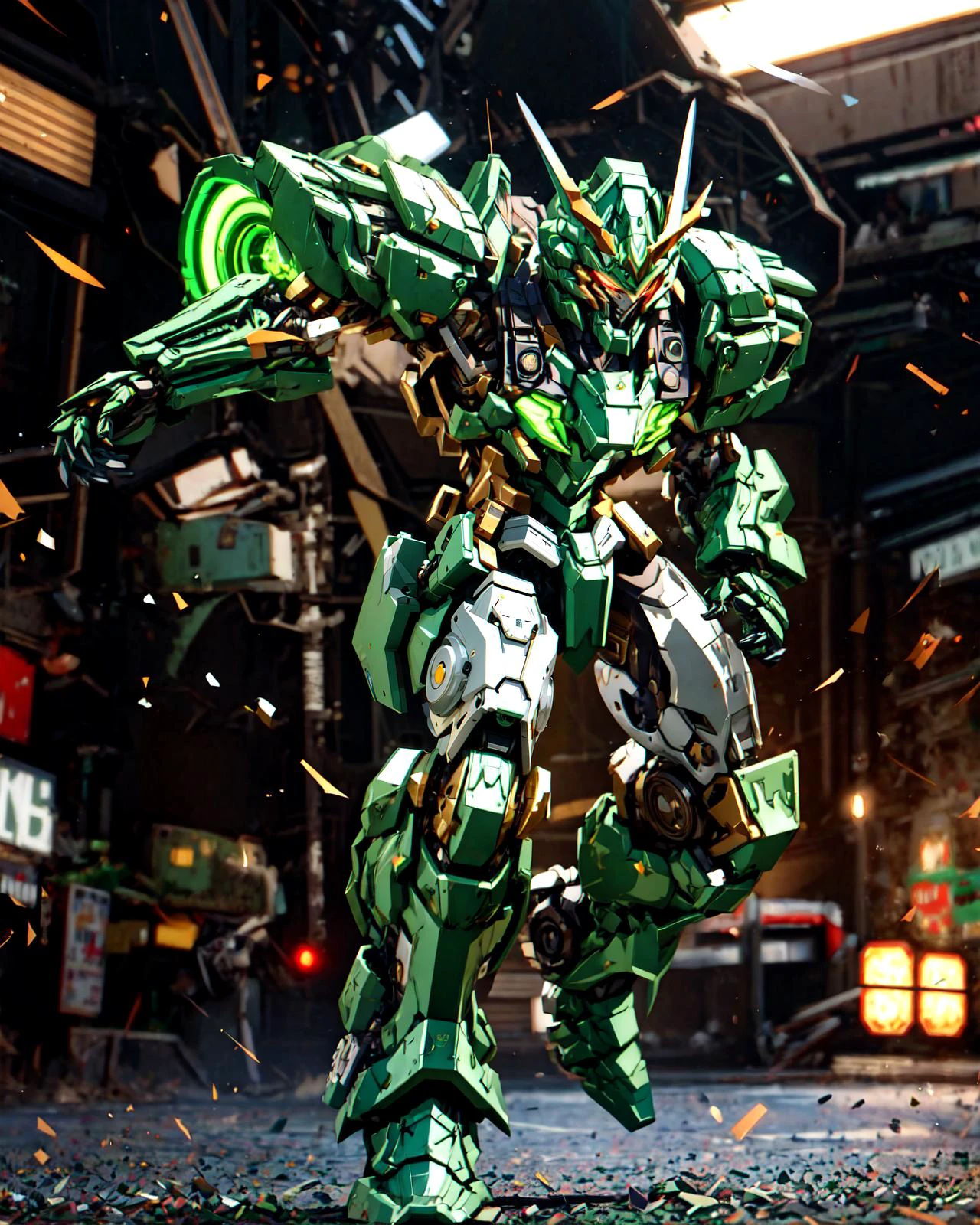 full_body photo of mecha, headgear, (glowing eyes),  
camouflage_green armor, Tan reflected armor, covered in full silver armor, arknights, wearing thunder armor, intricate assasin mecha armor, greek god in mecha style, grimdark paladin,  
(big muscular:1.3),
(dynamic_pose, action:1.4),
volumetric light, mechanical parts, robot joints,  joint glow,
strong wind, light particles, bokeh, messy background, cyberpunk, (detailed, best quality:1.4), realistic <lora:mecha_offset:1>, <lora:AMechaSSS[color_theme,mecha musume, mechanical parts,robot joints,headgear]:1>, <lora:QuickHandV2:0.6> QuickHands