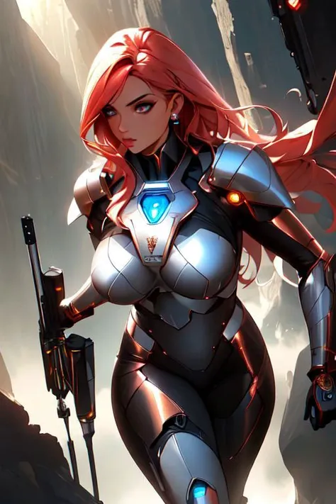 Captain Luna Nova, a stunning human female with a commanding presence, standing confidently at the helm of her starship. Her background as a former commando is subtly hinted at by the sleek, tactical boots that hug her legs and the strap of a concealed blaster peeking out from under her short, metallic skirt. Her attire is a deliberate blend of professionalism and risqué allure, with a cropped, star-emblazoned jacket that exposes her midriff and a daringly low-cut top revealing ample cleavage. The captain's flirty nature is evident in the playful wink she gives the camera, her hand resting on her hip. The starship's control panel reflects off her fishnet stockings, adding a scandalous edge to her ensemble. She wears a lacy, black lingerie set that is barely hidden beneath her clothing, with the tops of her stockings and a hint of her garter belt teasingly on display. Her hair is styled in wild, crimson waves that cascade over her shoulders, matching the bold streaks across her face. Her eyes are lined with shimmering, cosmic makeup that accentuates their seductive gaze. The bridge's ambient lighting casts a soft glow on her bare skin, emphasizing her toned physique. Captain Nova's love for showing off is unmistakable, as she leans slightly forward, allowing a glimpse of her lingerie through the open jacket. The scene is filled with an air of power and sexual tension, as the captain of this intergalactic vessel clearly knows how to command attention both in the heat of battle and in the realm of desire.