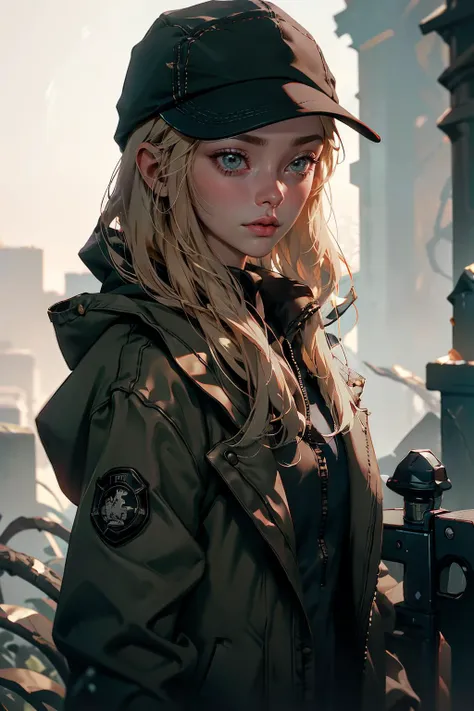 ,
masterpiece, best quality, 1girl, soft shading, detailed, semi-realistic, ((RoseRE)), resident evil, hat, long hair, hood, coat, baseball cap, blonde hair, hood down, night, (((low-key lighting, dimly lit))))), dark, holding gun, outdoors, variations, dirty clothes,