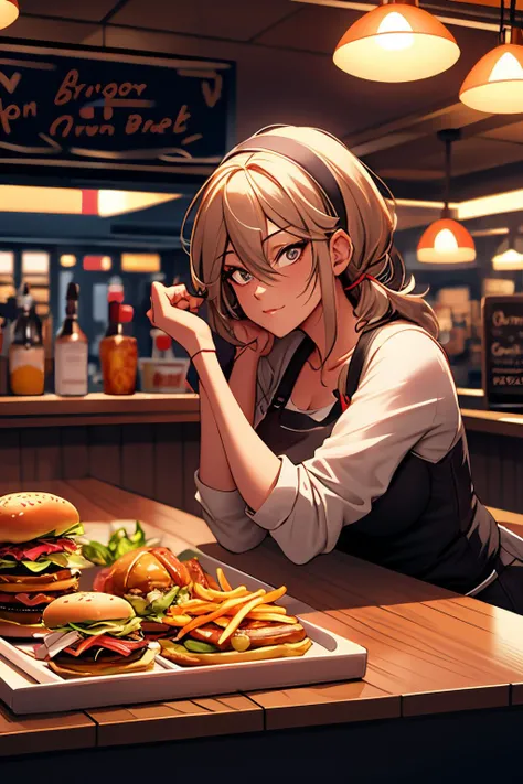 hurried middle-aged woman working the night shift at the burger bar. candid hdr smartphone photograph.