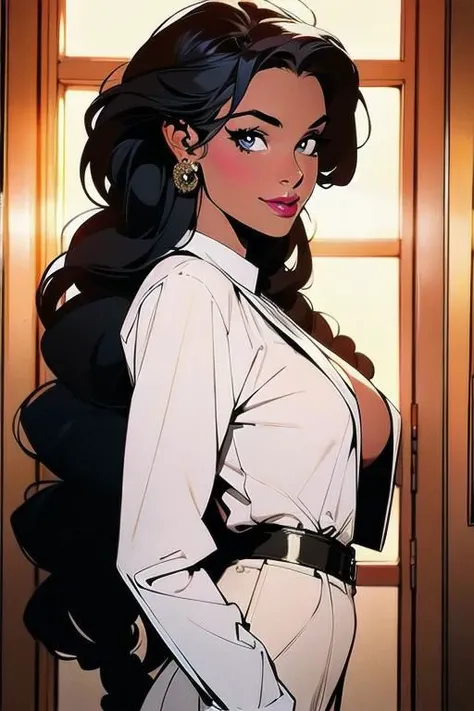 (masterpiece, best quality:1.4), (beautiful, aesthetic, perfect, delicate, intricate:1.2) (mature), full body shot, (realistic:1.3), (athletic black police woman wearing black blazer with buttoned up white shirt, business suit), (1girl), smiling, happy face, smile, (braids hairstyle), (open eyes, looking fierce), (dreadlocks hair style, african hair), ebony, african woman, (small breasts, fit body), dark eyes, dark skin, big lips, (medium size breasts), (cinematic lighting, sunlight, perfect lighting, backlighting), eye-level shot, naughty look, looking at viewer