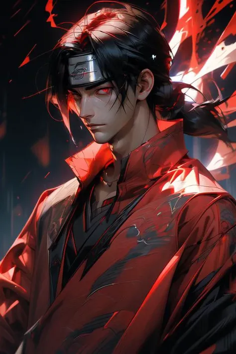 (Highly Rated Drawing:1.3) of (Graphic novel:1.3) anime artwork (red background:1.4) itachi uchiha,1boy,male focus,red eyes,black hair,solo,forehead protector,looking at viewer,glowing,closed mouth,konohagakure symbol,headband,rain,upper body,high collar,glowing eyes,shirt,midjourney,(EnergyVeins:1.4),glowing,magic particles,<lora:naruto_uchihaitachi-10:0.7>,uchiha itachi,long hair,forehead protector,ninja,cloak,high collar,jewelry,necklace,<lora:hairdetailer:0.7>,<lora:age_slider_v2:4>,<lora:midjourney_20230624181825:0.8>,midjourney, . anime style, key visual, vibrant, studio anime, highly detailed