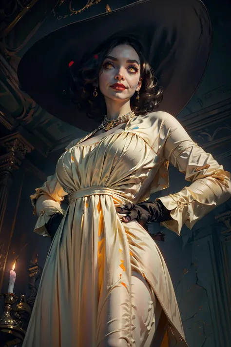 <lora:detail_slider_v4:0.8>,
<lora:GoodHands-vanilla:1.0>
masterpiece, best quality, 1girl, soft shading, detailed, semi-realistic, ((re8dmtrsc)), resident evil, black sun hat, ((white dress)), pearl necklace, black flower brooch, ((short hair)), ((yellow eyes:1.1)), ((glowing eyes:1.2)), tall, thick, voluptuous, large breasts, very pale skin, (blood on face), looking menacing at viewer, evil smile, hands on hips, candle, gothic, night, (((low-key lighting, dimly lit))))), dark, gothic mansion, (from below), dirty clothes, <lora:sxz-lady-dimitrescu:0.8> <lora:BloodMagic-20:0.5> <lora:povsitting:0.8>