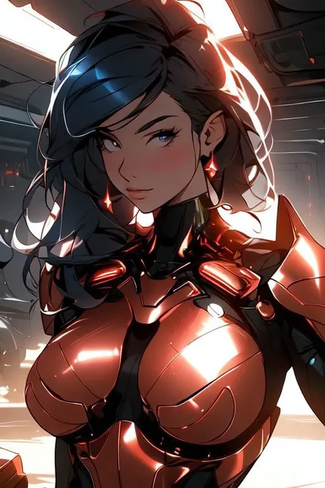 (masterpiece), (best quality), expressive eyes, perfect face, (half-body) focus portrait of a gorgeous woman, futuristic, copperpunk, shinny bikini copper armor, in a big high-tech room, vitral, sun-rays, reflective, sci-fi, goddess, 8k, (insanely detailed), sharp focus, complementary colors, elegance, insane skin details, high quality model, cinematic lighting, volumetric lighting, detailed background, beautiful landscape, rich deep colors, epic, artwork, ultra definition, curvy, busty