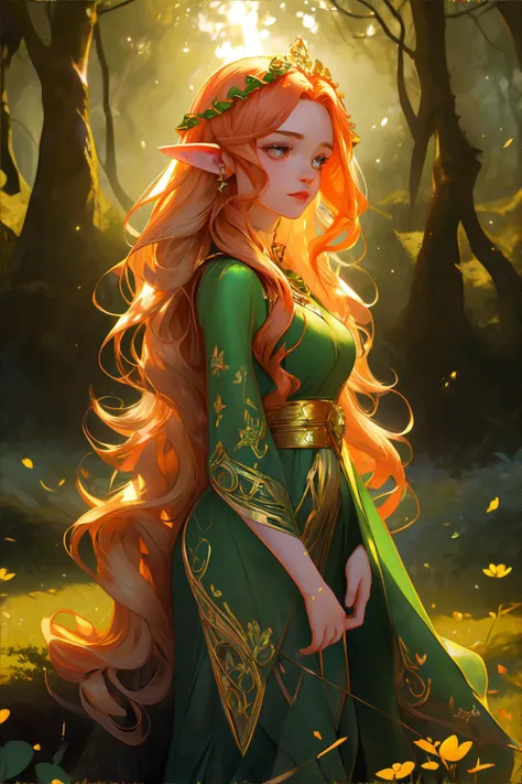 beautiful celtic fairy woman, sidhe, Aos Sí, long wavy (auburn|red) hair, shimmering gold fairy wings, daisy clover flower crown, wearing long flowing emerald green gown with intricate gold embroidery, elf ears, posing in mystical irish forest, early morning, mist, atmospheric lighting, looking away from viewer || atmospheric portrait of a beautiful fairy woman, forest, soft fabric, shimmering details, masterpiece, 8k, high resolution, shallow depth of field, sharp focus