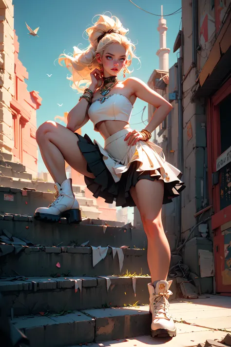 (Masterpiece:1.2), (best quality:1.39), (illustration:1.2), (ultra-detailed) hyper details, (delicate detailed), (intricate details), octane render, hdr, (hyperdetailed:1.15), (soft light:1.2),(supermodel:1.3),(Cinematic masterpiece),  absolutely eye-catching, ((caustic)), dynamic angle, beautiful detailed glow, ambient occlusion, ambient light, raytraced reflections,Arms above head pose, Apple-shaped body ,A-line skirt, Bandeau Top, Abstract, Bird's eye view, Cool tones, Anger, Aboriginal Australian, Athletic wear, Ash blonde hair, A-line haircut Backlighting, Ancient ruins, Adventurous, Ankle boots, Futuristic cityscapes,Anger:,<lora:20230817-1692283711330:0.4>, <lora:add_detail:0.3>