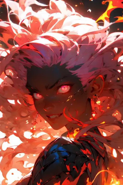 A beautiful girl with delicate facial features, white single ponytail, demon horns on her head, tattoos on her face, golden glowing eyes, a glowing long sword, monster in the background mist, from the side, fierce eyes, extremely angry expression, roar, battle posture drawing,