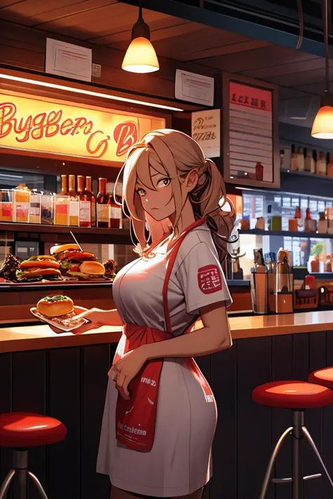 hurried middle-aged woman working the night shift at the burger bar. candid hdr smartphone photograph.