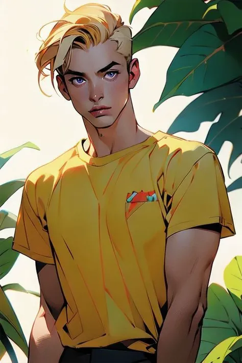 (masterpiece, best quality:1.4), (aesthetic, perfect:1.2), (realistic:1.3), cinematic shot, cinematic lighting, (1man), (young very thin man with blonde hair), nerdy looking, weak and skinny body, (wearing hawaii shirt), brown eyes, half body shot, (cinematic lighting, sunlight, perfect lighting, backlighting), eye-level shot, naughty look, looking at viewer