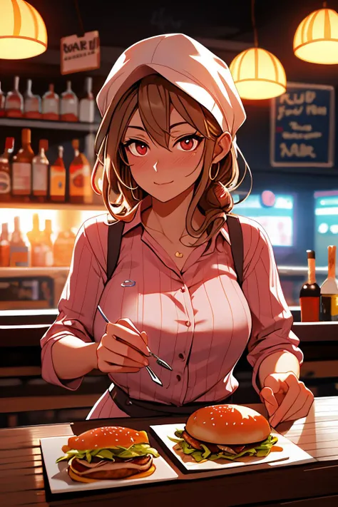 hurried middle-aged woman working the night shift at the burger bar. candid hdr smartphone photograph.