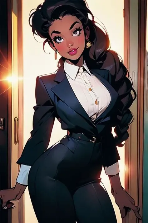 (masterpiece, best quality:1.4), (beautiful, aesthetic, perfect, delicate, intricate:1.2) (mature), full body shot, (realistic:1.3), (athletic black police woman wearing black blazer with white shirt, business suit), (1girl), smiling, happy face, smile, (braids hairstyle), (open eyes, looking fierce), (dreadlocks hair style, african hair), ebony, african woman, (small breasts, fit body), dark eyes, dark skin, big lips, (medium size breasts), (cinematic lighting, sunlight, perfect lighting, backlighting), eye-level shot, naughty look, looking at viewer