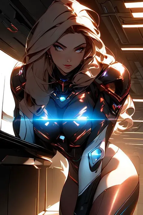 (masterpiece), (best quality), expressive eyes, perfect face, (half-body) focus portrait of a gorgeous woman, futuristic, copperpunk, shinny bikini copper armor, in a big high-tech room, vitral, sun-rays, reflective, sci-fi, goddess, 8k, (insanely detailed), sharp focus, complementary colors, elegance, insane skin details, high quality model, cinematic lighting, volumetric lighting, detailed background, beautiful landscape, rich deep colors, epic, artwork, ultra definition, curvy, busty