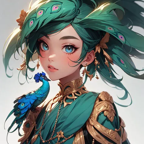 girl portrait, humanization, peacock, best quality, solo focus, simple background