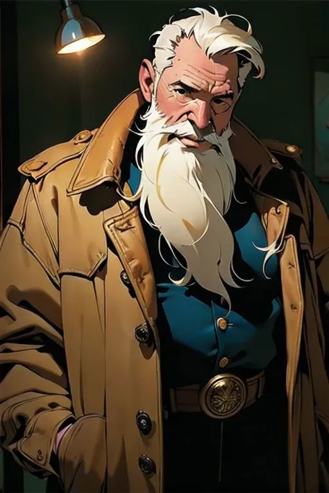 (masterpiece, best quality:1.4), (aesthetic, perfect:1.2), (realistic:1.3), cinematic shot, cinematic lighting, (1man), (very old washed out grandfather with big beard), alcoholic, half body shot, (wearing a old worn out coat), brown eyes, (cinematic lighting, sunlight, perfect lighting, backlighting), eye-level shot, naughty look, looking at viewer