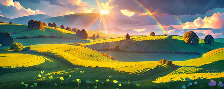 stunning Irish landscape, rolling green hills, fields of clover, early morning sunrise, atmospheric lighting, god rays, bokeh, rainbow, masterpiece, 8k, high resolution, shallow depth of field, sharp focus