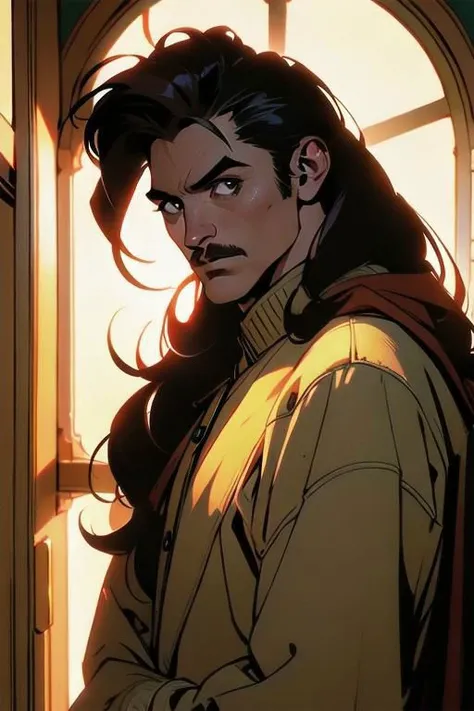 (masterpiece, best quality:1.4), (aesthetic, perfect:1.2), (realistic:1.3), cinematic shot, cinematic lighting, (1man), (shady man looking like salvatore dali), scary looking, older guy, weak and skinny, (wearing old coat), brown eyes, half body shot, (cinematic lighting, sunlight, perfect lighting, backlighting), eye-level shot, naughty look, looking at viewer