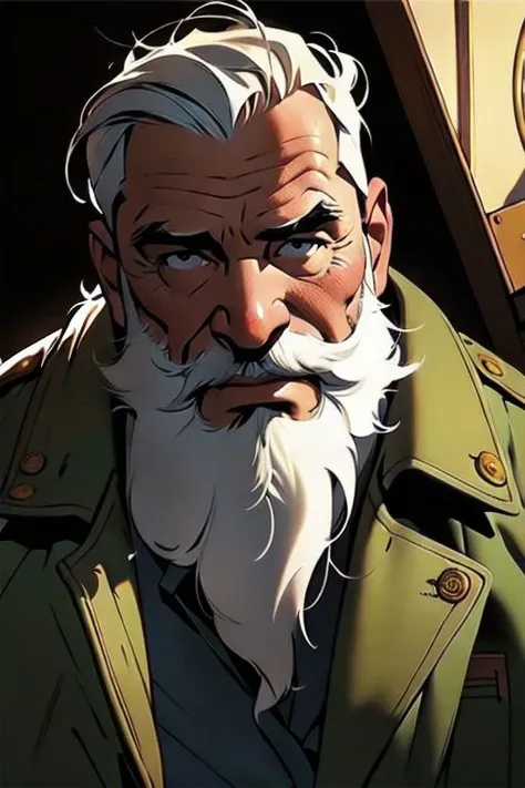 (masterpiece, best quality:1.4), (aesthetic, perfect:1.2), (realistic:1.3), cinematic shot, cinematic lighting, (1man), (very old washed out grandfather with big beard), alcoholic, half body shot, (wearing a old worn out coat), brown eyes, (cinematic lighting, sunlight, perfect lighting, backlighting), eye-level shot, naughty look, looking at viewer