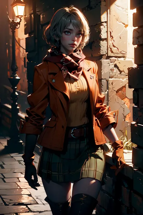 ,
masterpiece, best quality, 1girl, soft shading, detailed, semi-realistic, ((RE4Ashley)), resident evil 4, orange jacket, brown gloves, scarf, belt, plaid skirt, plaid, stockings, night, (((low-key lighting, dimly lit))))), dark, streets, variations, dirty clothes,