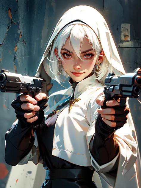 white hair, evil smile,nun_cloth, cross
â