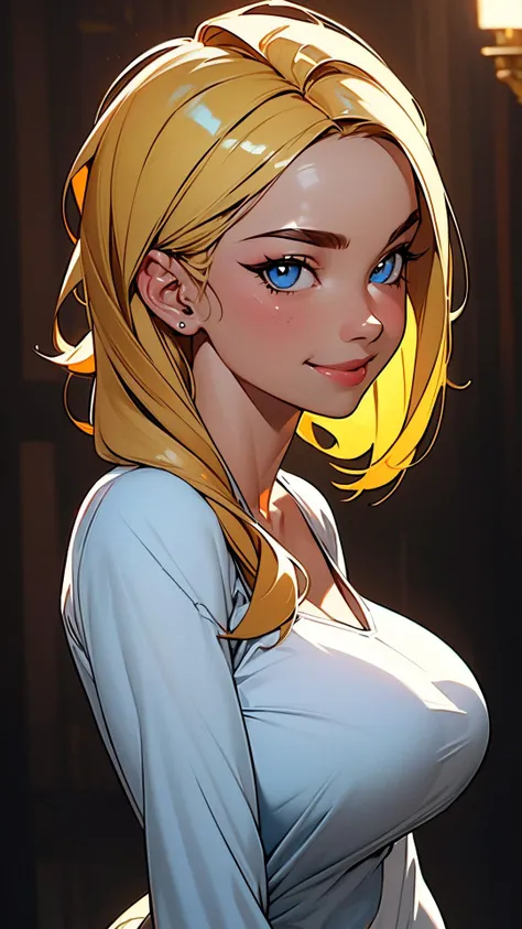 highres, masterpiece, perfect lighting, bloom, cinematic lighting, looking at viewer,1girl, blonde, smile, large breasts, jeans, upper body, <lora:Android_18_DB:0.3>