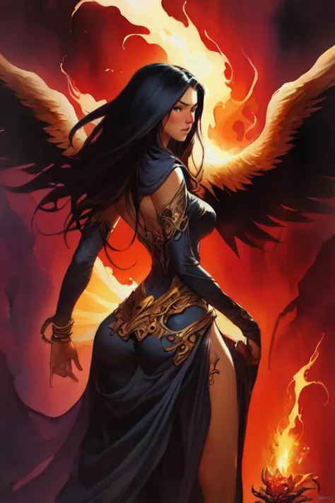 (Boris Vallejo,  watercolor  painting )
concept art of  1 witch, female, phoenix, fire, red tone,
fantasy, realistic, colorful, complex background, dark, dim light
(masterpiece, best quality:1.3),   <lora:epiNoiseoffset_v2:1> <lora:add_detail:1>