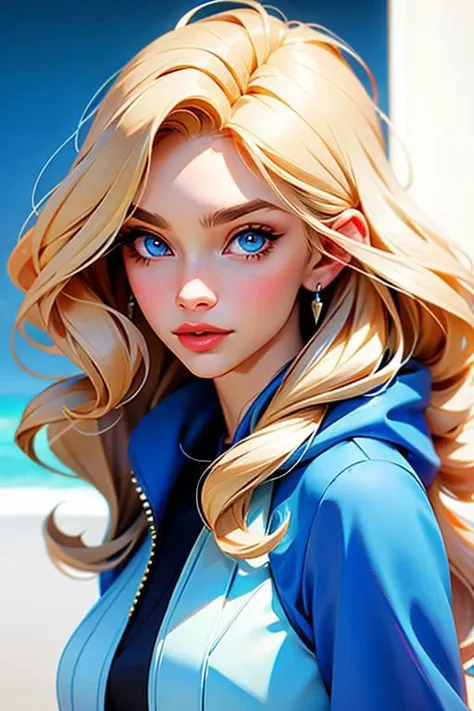 American woman, 49 years old, average height, fair complexion, medium-length blonde hair styled in soft waves, heart-shaped face with vibrant features, bright blue eyes, well-defined cheekbones, often seen in chic, fashion-forward attire, typically set against high-end, urban backgrounds.