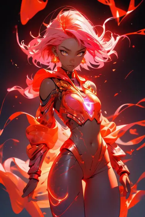 solo,1girl,fiery hair,fire,yellow eyes,pink hair,looking at viewer,jewelry,earrings,bodysuit,glowing hair,dark skin,glowing,short hair,small breasts,closed mouth,breasts,standing,floating hair,midjourney,(EnergyVeins:1.4),glowing,magic particles,<lora:midjourney_20230624181825:0.8>,midjourney,<lora:Tsurime3:1>,