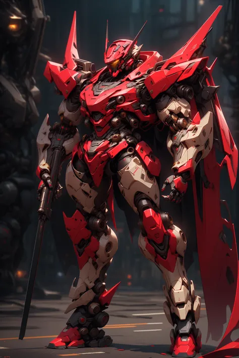 (full body), (dynamic pose) <the subject is a hard surface super_mecha samurai robort, designed in an advanced hard surface industrial facility, extended tall frame built like a realistic transformer, with carbon fiber metallic details, red and black main armor shell has subdivisions, thick carbon fiber cape, armored ornaments and artillery>, <the scene is based in an industrial city, with large construction and gear in the background>, (rim lighting, studio lighting, moody lighting, night), (cinematic, best quality, masterpiece, highly detailed, hyper realistic, intricate detail, 8k, photorealistic, concept art, matte painting, autodesk maya, vray render, ray tracing), (dslr, full frame, 16mm focal length, f/8 aperture, dynamic perspective, dynamic angle, golden ratio, wide photography, wide field of view, deep depth of field, zoom out) white and golden super_mecha, flathead design  hard surface helmet, cyborg face, advanced tech artillary  mecha \(mjstyle\) mechanical parts, robot joints, headgear
 <hypernet:dr0ne_1:0.3>, <lora:FINAL Robort:0.2>,  <lora:srd_v2_5_u:0.3>,  <lora:AstralMecha:0.25> <lora:TalDarimAI:0.3> <lora:mecha(mjstyle):0.2>