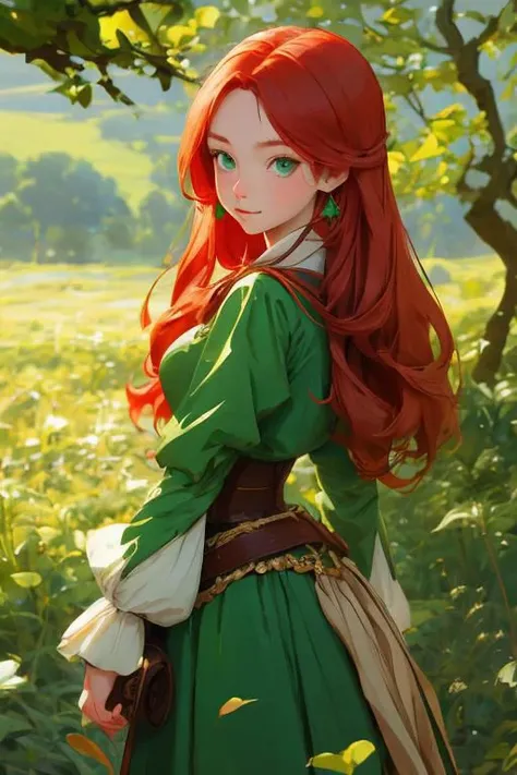 Style of realistic anime, fictional medieval setting, female teenager, petite stature, fair complexion, unique long apple-red hair, emerald green eyes, oval face with soft features, often wearing simple yet elegant medieval dresses, typically seen in a lush, forested landscape.
